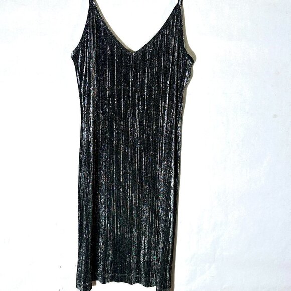 Vintage Dresses & Skirts - Mikai  Size Large Slip Dress Charcoal Gray Black Metallic Shimmer Sexy Slinky